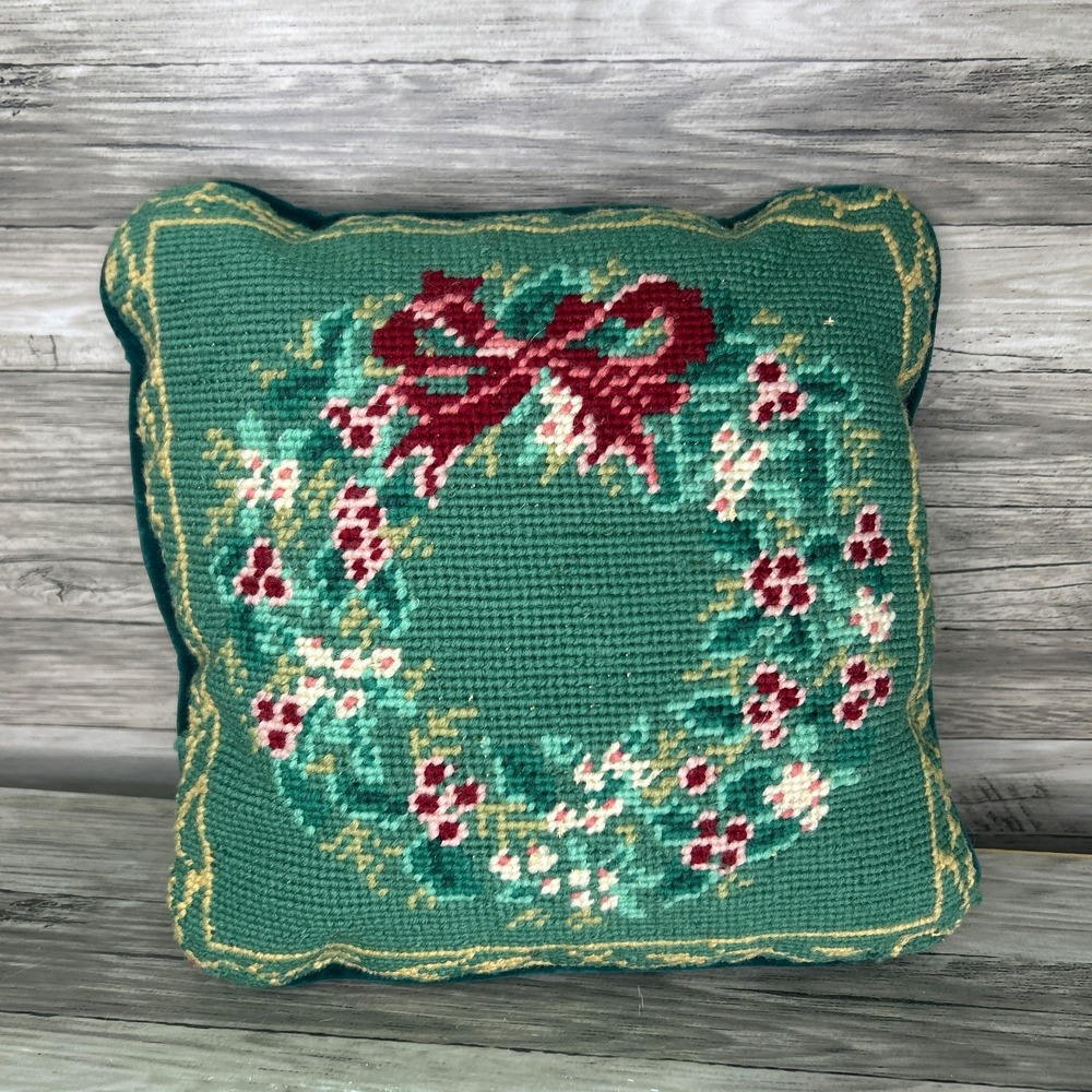Vintage Christmas Wreath Needlepoint Wool Throw Pillow Velvet Small Green